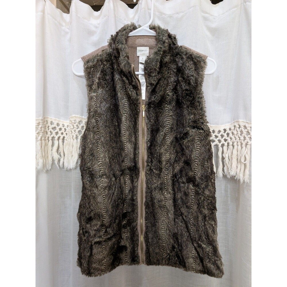 Chicos Zenergy Faux Fur Zip Up Vest, Size 1, Medium (8) Brown Soft Luxe